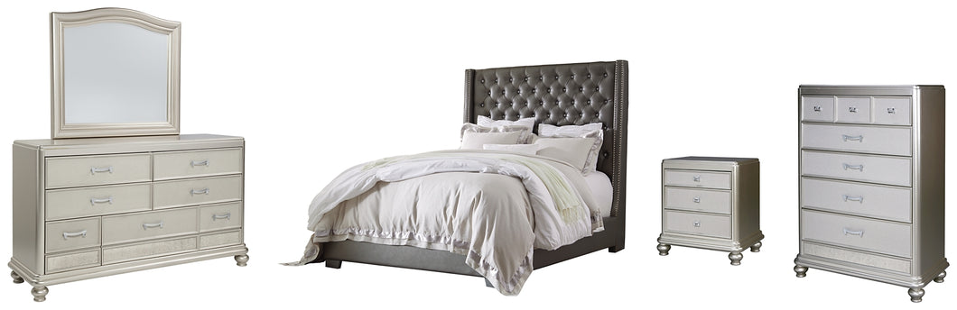 Coralayne California King Upholstered Bed with Mirrored Dresser, Chest and Nightstand