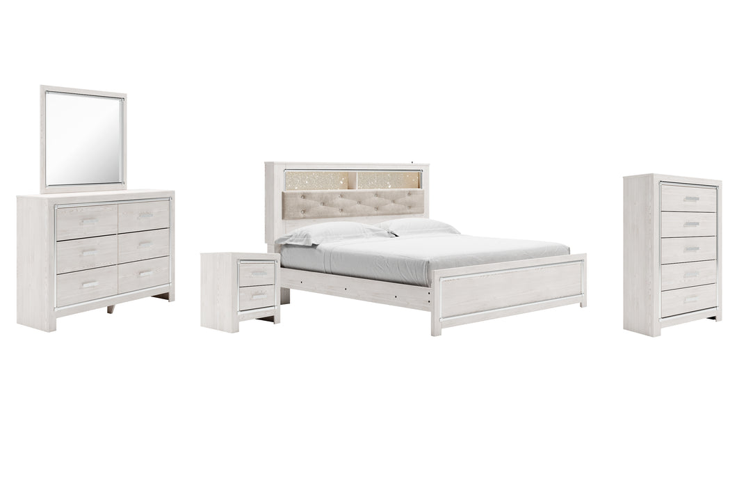 Altyra King Panel Bookcase Bed with Mirrored Dresser, Chest and Nightstand
